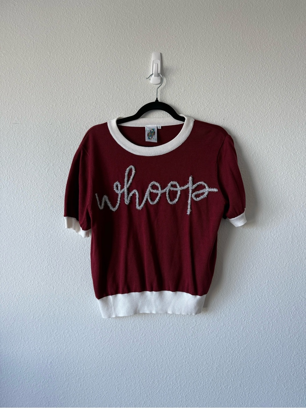 Queen of Sparkles Whoop Short Sleeve Sweater Top in Burgundy with White Trim